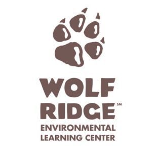 wolf paw print with the words Wolf Ridge Environmental Learning Center in brown