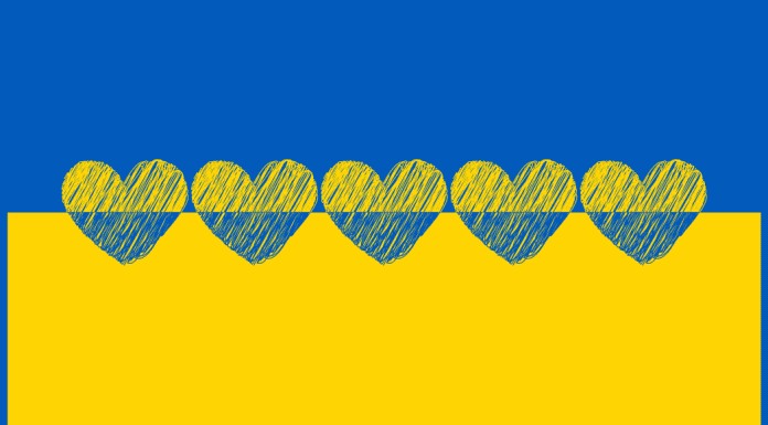 Ukraine flag with blue on the top half and yellow on the bottom. Hearts connecting the two colors in the middle