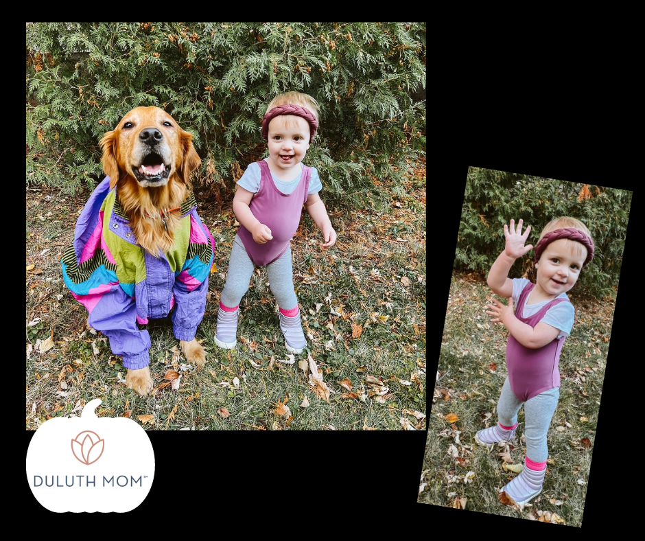 little girl and golden retriever in jazzercise costumes