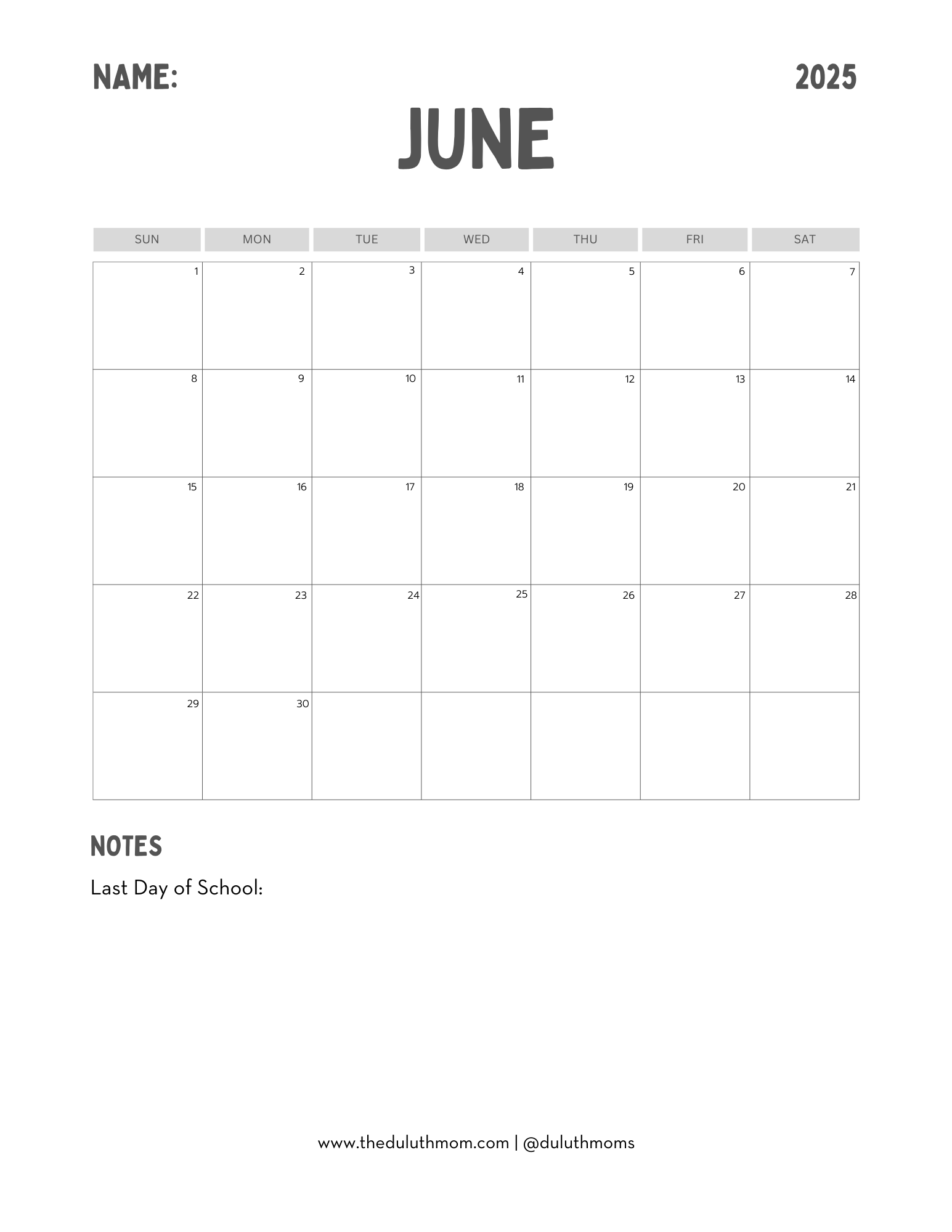 A calendar month of June 2025 with a spot for a child's name and last day of school