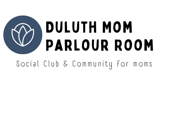 Duluth Mom Parlour Room Social Club and Community for moms with an outline of a lotus like flower in white surrounded by a navy circle